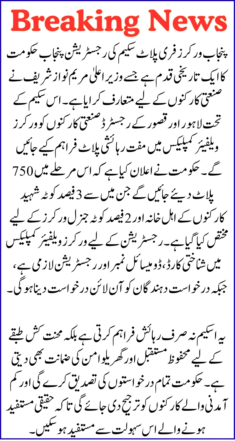 Punjab Workers Free Plot Scheme Registration